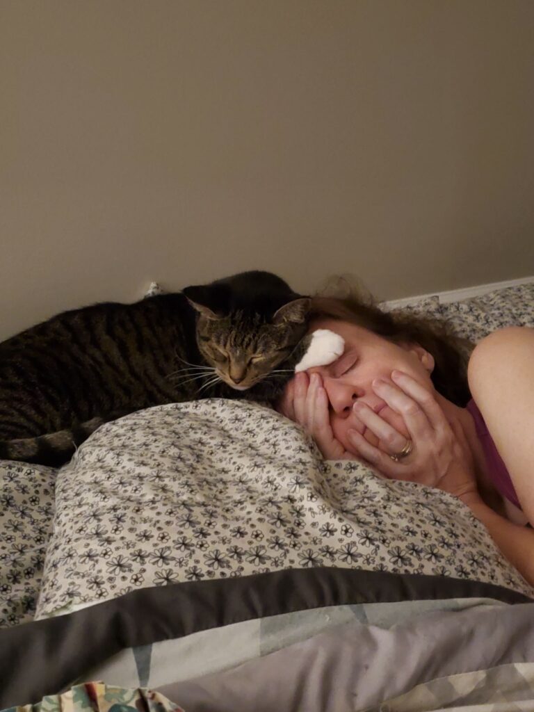 missy-kittystead-sleeping on Mom's head